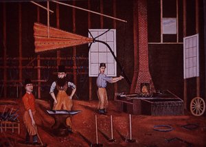 John Mohler Studebaker (Mitte), deutsch-amerikanischer Wagenbauer in der Werkstatt, ca. 1858 von American School
