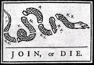 Join or Die, Zeichnung, gilt als der erste politische Cartoon, veröffentlicht in der „Pennsylvania Gazette“ von Benjamin Franklin im Jahr 1754. Es stellt eine in mehrere Abschnitte geteilte Schlange mit der Legende „Join or Die“ dar. Dies ist ein Appell an von American School