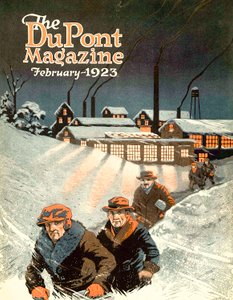 Verlassen der Arbeit im Schnee, Titelseite des DuPont Magazins, Februar 1923 von American School