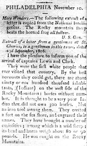 Brief, der die Ankunft der Kapitäne Lewis und Clark ankündigt, aus dem Boston Intelligencer, 19. November 1806 von American School