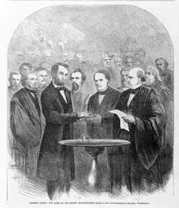 Lincoln legt den Eid bei seiner zweiten Amtseinführung ab, 4. März 1865, veröffentlicht 1865 von American School