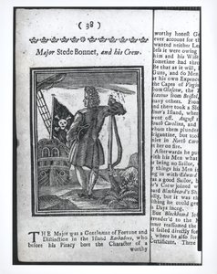 Major Stepe Bonnet, Seite 38 aus Geschichte und Leben aller berüchtigten Piraten und ihrer Besatzungen, London, 1725 von American School