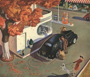 Mann lässt sein Auto an einer Tankstelle warten von American School