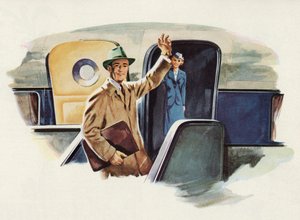 Mann winkt zum Abschied, als er in ein Flugzeug steigt von American School