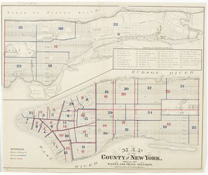 Karte des County New York, zeigt die Bezirke und Polizeireviere und die Lage der Wachen, 1870 von American School