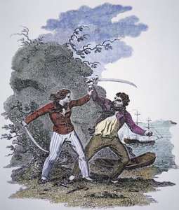 Mary Read kämpft gegen einen anderen Piraten, um das Leben ihres männlichen Liebhabers zu retten von American School