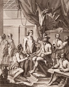 Montezuma übergibt sein Reich an den König von Spanien, gibt ihm Tribut und gelobt Gehorsam, aus Antonio de Solis y Rivadeneira Solis Geschichte der Eroberung Mexikos, graviert von Ximeno