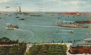 New Yorker Hafen von der Battery, mit Freiheitsstatue und Ellis Island, um 1910