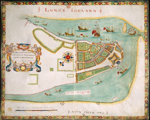New York: Plan von Manhattan, Long Island, dem Hudson River und Neu-Amsterdam von American School