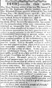 Nachrufseite aus dem Boston Intelligencer, 16. Mai 1818 von American School