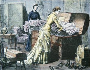 Verpackung des Saratoga-Koffers für die Zugreise nach Saratoga Springs, New York, ca. 1880 (kolorierte Gravur) von American School