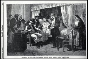 Durchführung der Bluttransfusion im Krankenhaus der Barmherzigkeit, Paris, Frankreich, Illustration aus dem American Scientist