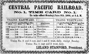 Fotografischer Druck des ursprünglichen Fahrplans der Central Pacific Railroad Company vom 6. Juni 1864 von American School
