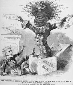 Politischer Cartoon, der Präsident Andrew Jackson zeigt, wie er sich vor der Aussicht auf das schwarze Wahlrecht in Amerika fürchtet von American School