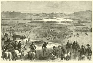 Position der konföderierten Armee bei der Kapitulationsankündigung, April 1865 von American School