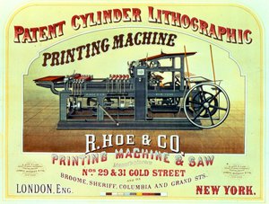 Plakat, das die Patent Cylinder Lithographic Printing Machine, R. Hoe & Co., London und New York bewirbt