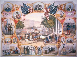 Druck zur Erinnerung an den 15. Verfassungszusatz, der allen Bürgern der USA am 19. Mai das Wahlrecht gewährt von American School