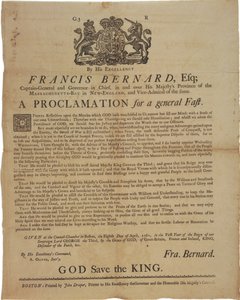 Proklamation im Namen von Francis Bernard, Gouverneur der Massachusetts Bay: Ankündigung eines Fastentages während des Französisch- und Indianerkrieges, 8. April 1761