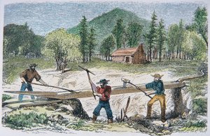 Goldsucher benutzen eine Rinne während des kalifornischen Goldrauschs von 1849
