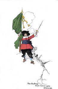 Darstellung eines Piraten, der eine Herausforderung wirft - In „Book of pirates Buccaneers and Marooners of the Spanish Main“ von Howard Pyle (1853 - 1911), amerikanischer Illustrator - 1903 von American School