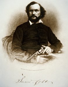 Samuel Colt hält einen seiner Perkussionsrevolver von American School