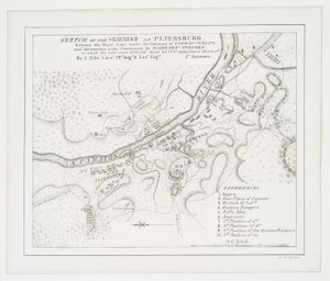 Skizze des Gefechts bei Petersburg: zwischen der königlichen Armee unter dem Kommando von Major Gel. Phillips und der amerikanischen Armee unter dem Kommando von Major Genl. Steuben, bei dem letztere besiegt wurden, 25. April 1781