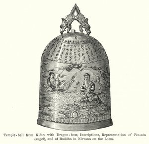 Tempelglocke aus Kioto, mit Drachenbogen, Inschriften, Darstellung von Ten-nin, Engel, und von Buddha im Nirvana auf der Lotusblume (Gravur) von American School