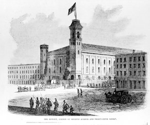 Das Waffenlager, Ecke Seventh Avenue und Thirty-Fifth Street, Szene aus den Draft Riots in New York City, 1863 von American School