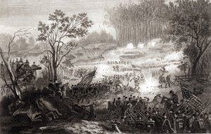 Die Schlacht bei Pittsburg Landing, graviert von H. B. Hall, 1862