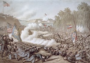 Die Schlacht von Corinth, 3.-4. Oktober 1862, zeigt die Flaggen von Nord und Süd, von Kurz & Allison