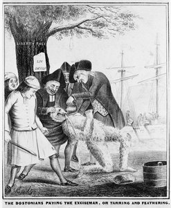 Die Bostoner zahlen den Steuereinnehmer, oder Teeren und Federn