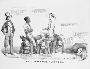"Die Demokratische Plattform" politische Karikatur über die Haltung der Demokratischen Partei zur Sklaverei, ca. 1856 von American School