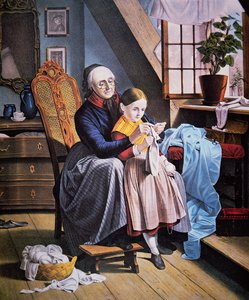 Die Strickstunde, veröffentlicht von Currier & Ives von American School