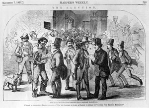 Das Einbürgerungsbüro am Tag vor der Wahl, veröffentlicht in Harpers Weekly, 7. November 1857