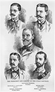 Der Präsident Salvador Cisneros Betancourt (1828-1914) und das Kabinett der kubanischen Republik, ca. 1895, Illustration aus The Story of Cuba von Murat Halstead, die Werner Company, veröffentlicht 1898