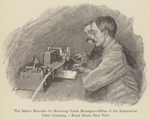 Der Siphon-Recorder zum Empfangen von Kabelnachrichten, Büro der Commercial Cable Company von American School