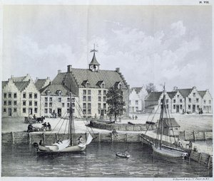 Das Stadthuys von New York im Jahr 1679, Ecke Pearl Street und Coentijs Slip, aus dem Journal of a Voyage to New York in 1679-80 von Jasper Danckaerts und Peter Sluyter, veröffentlicht 1867 von American School