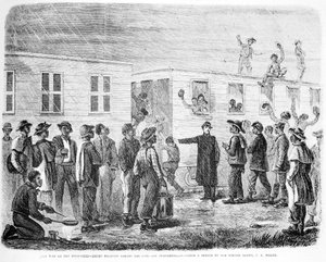 Der Krieg am Mississippi: Schwarze Rekruten besteigen den Zug nach Murfreesboro, aus Frank Leslies Illustrated Newspaper, Mai 1864 von American School