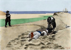 Die Toten sprechen nicht: Illustration über Piraten aus „Buch der Piraten, Freibeuter und Marooners des spanischen Haupts“ von Howard Pyle (1853 - 1911), amerikanischer Illustrator. 1887.