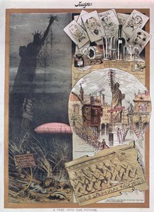 Die Zukunft der Freiheitsstatue, Karikatur aus der Zeitschrift Judge um die Zeit ihres Baus im Jahr 1886 von American School
