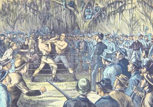 Der letzte Bare-Knuckle-Boxkampf 1889, John L. Sullivan gegen Jake Kilrain in Richburg, Mississippi von American School