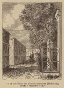 Die alten französischen und spanischen Friedhöfe präsentieren lange Straßen aus zementierten Wänden (Stich) von American School