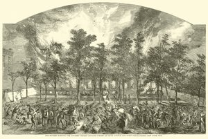 Die Aufständischen brennen das Colored Orphan Asylum, Ecke Fifth Avenue und Forty-Sixth Street, New York City, Juli 1863 von American School