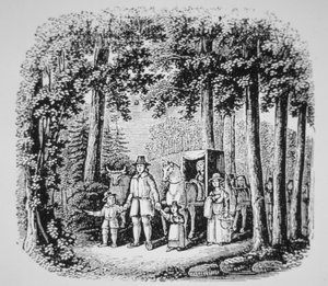 Thomas Hooker führt seine Gemeindemitglieder in die Wildnis von Connecticut (Lithografie) von American School