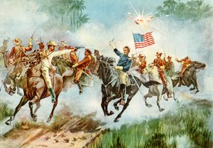 US-Rough Riders stürmen einen spanischen Außenposten in Kuba während des Spanisch-Amerikanischen Krieges, 1898 von American School
