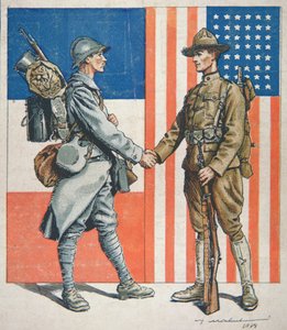 US-Soldat schüttelt einem französischen Soldaten die Hand, Amerikas Eintritt in den Ersten Weltkrieg