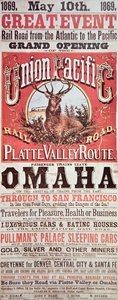 Union Pacific Railroad Poster, der die erste transkontinentale Eisenbahn durch die USA bewirbt von American School