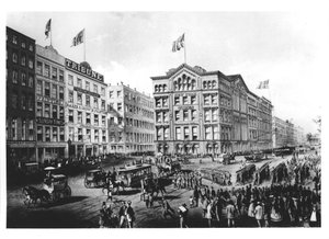 Blick auf den Printing Square in New York, mit den Hauptquartieren der New York Times, The Sunday Times und The Tribune