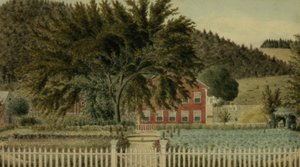 Ansicht eines roten Hauses mit Lattenzaun, 1854
