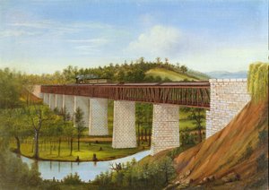 Ansicht einer überdachten Brücke und Eisenbahn, um 1870 von American School